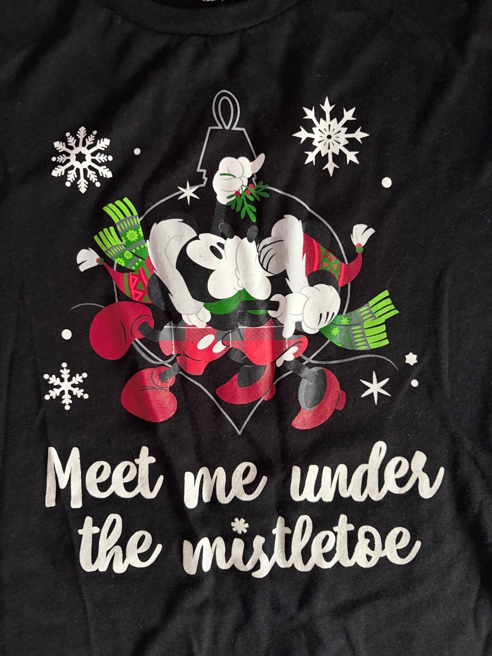 Disney Holiday Tee with Mickey & Minnie Kissing Under Mistletoe woman’s t shirt